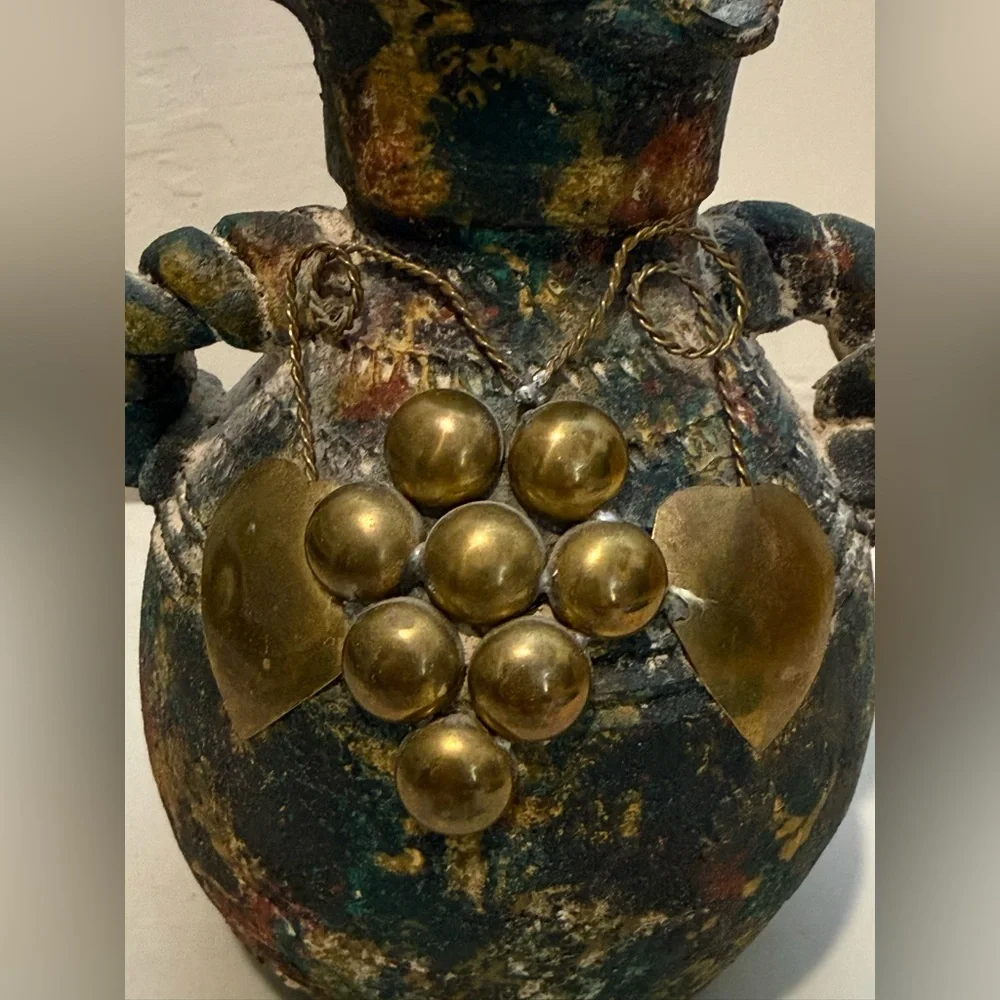 Pottery Vintage Vase Brass and Copper Accents Loop‎ Handles Primitive Folk Art